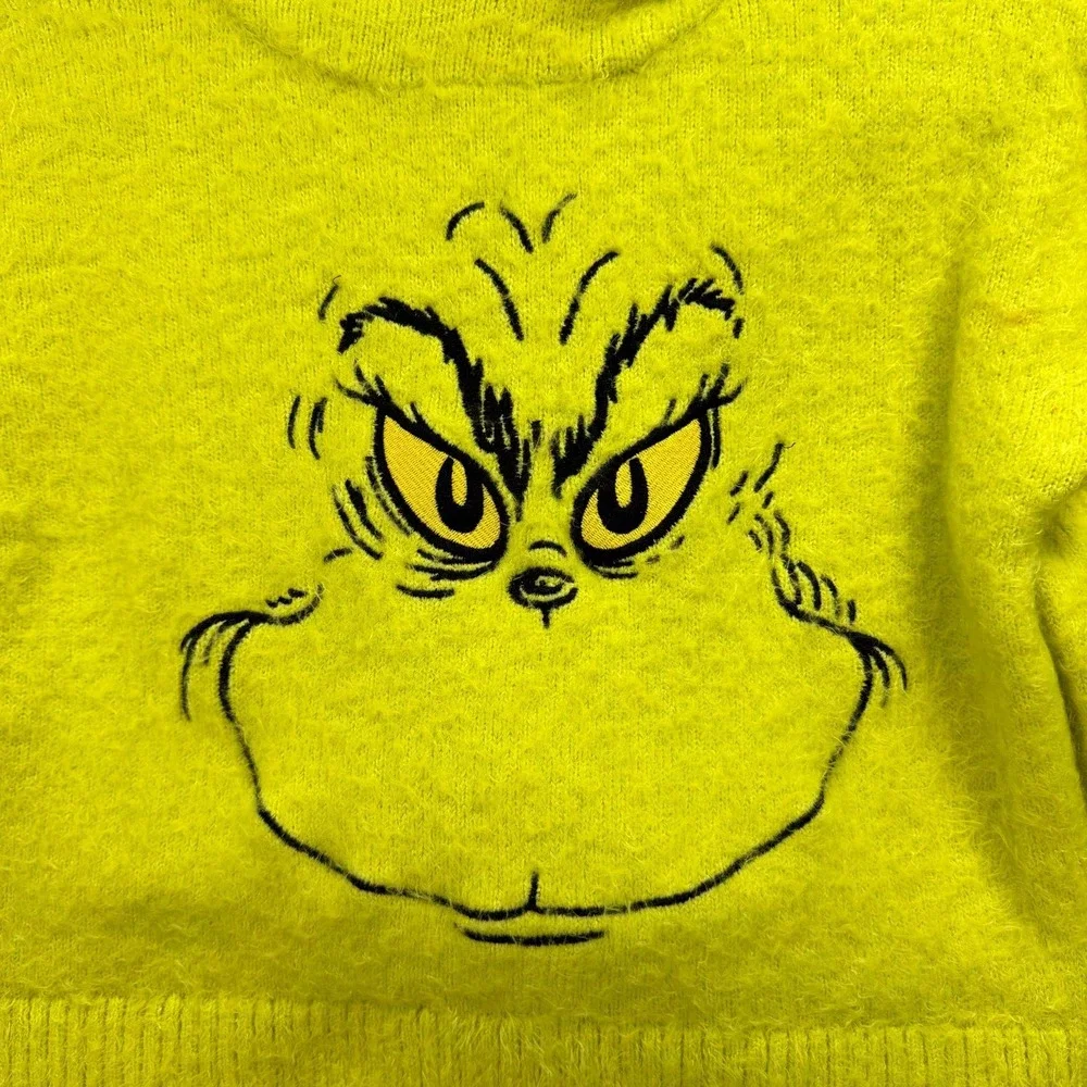 The Grinch Justice Hooded Sweater Girls Large Lime Green Graphic Logo Fuzzy Knit